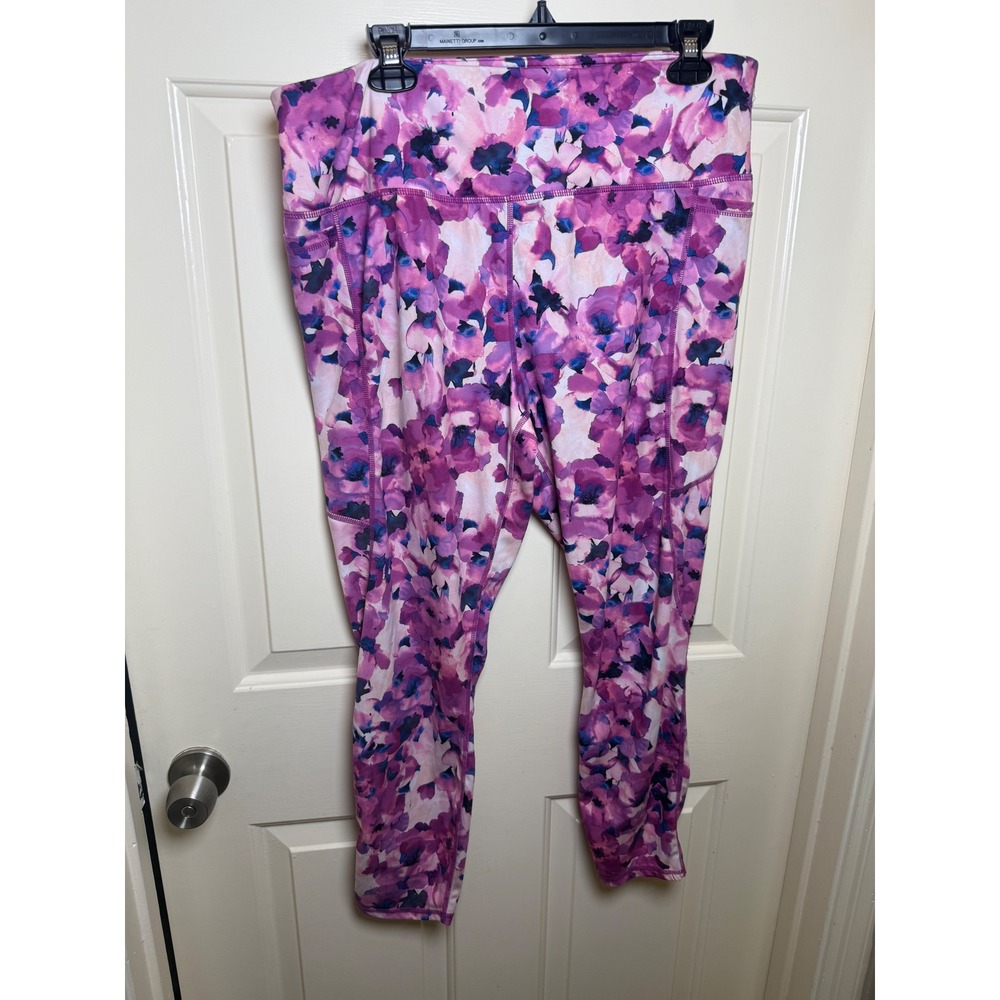 Gaiam Womens XXL Purple Floral High Waist Activewear Leggings with Pockets